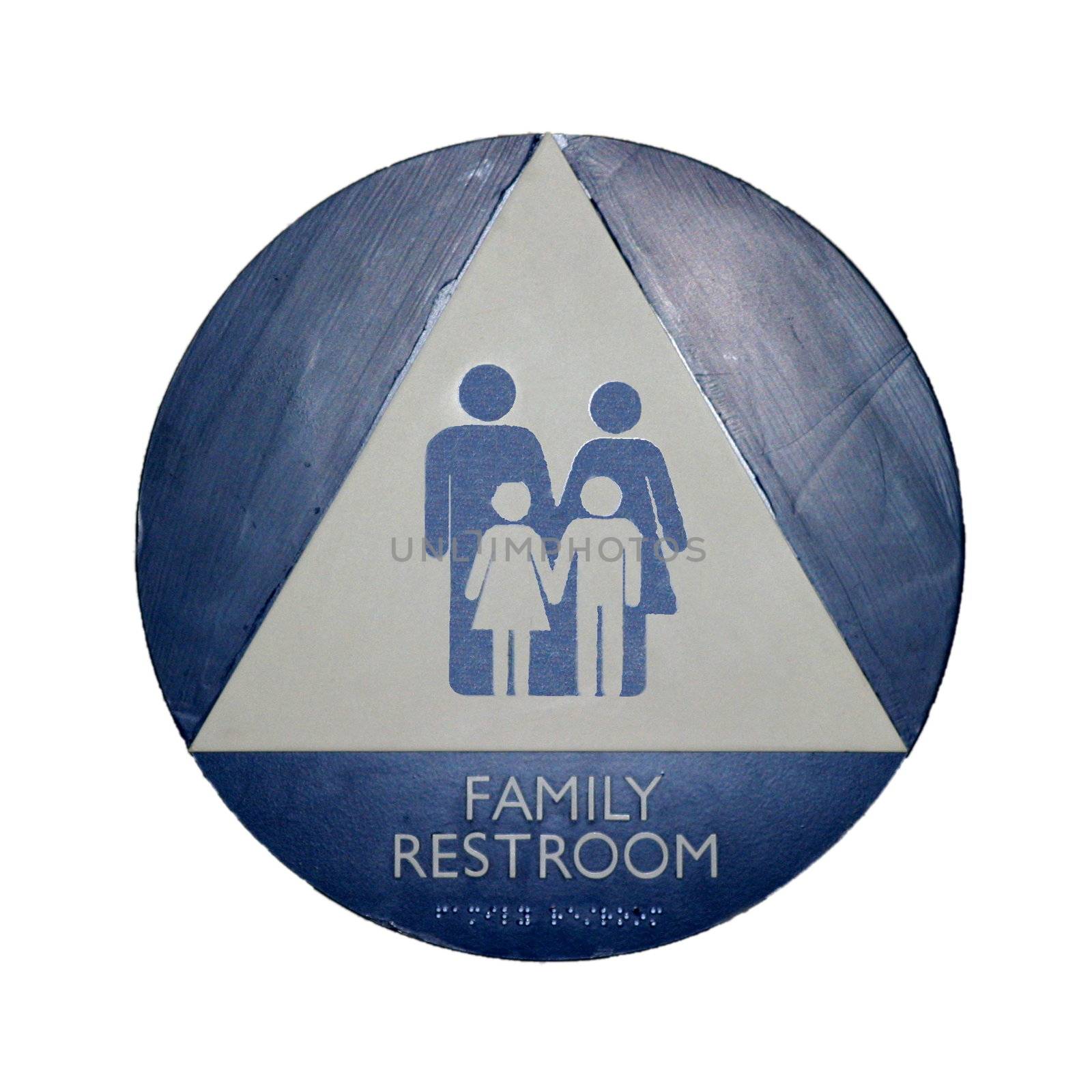 A blue, white, and gray restroom sign for families