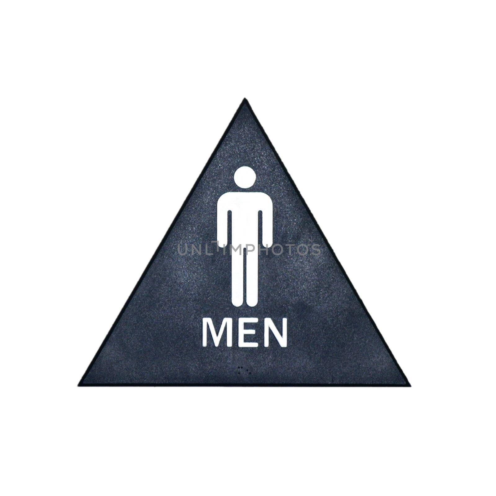 A blue, white, and gray restroom sign for men