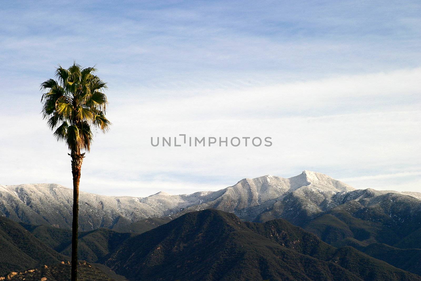 Landscape shot of the Ojai valley with snow on the mountains.