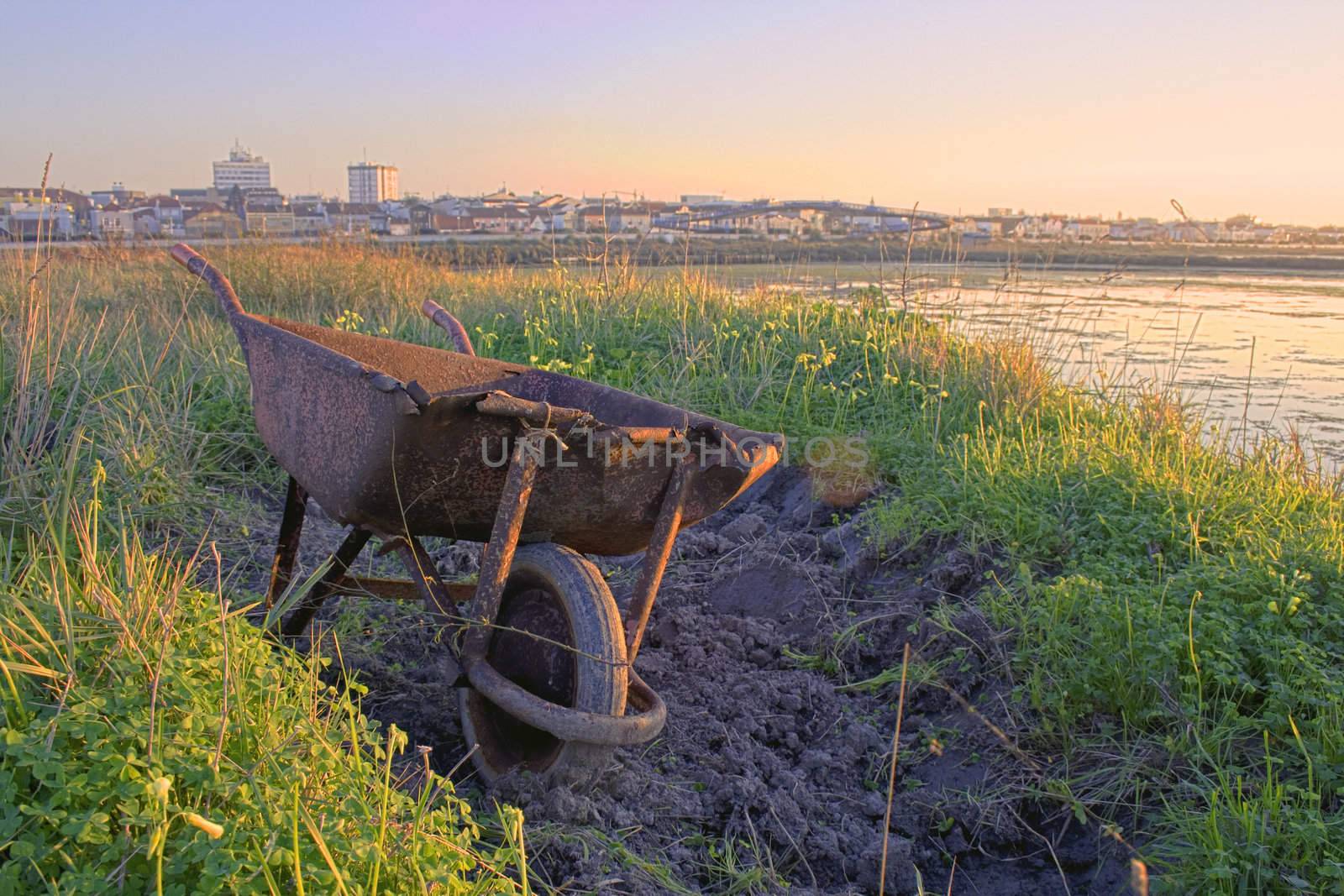 A rusty wheelbarrow abondon with the city in the background