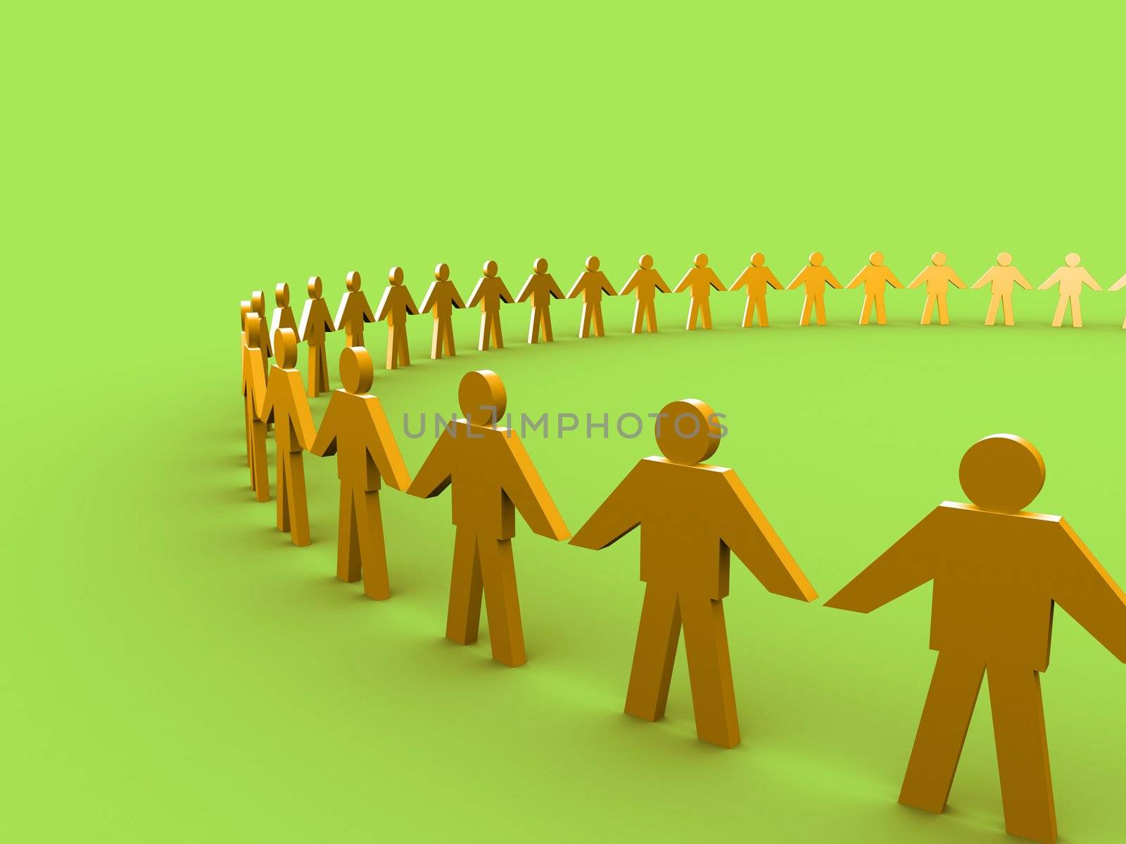 3d people holding hands and forming a big circle.