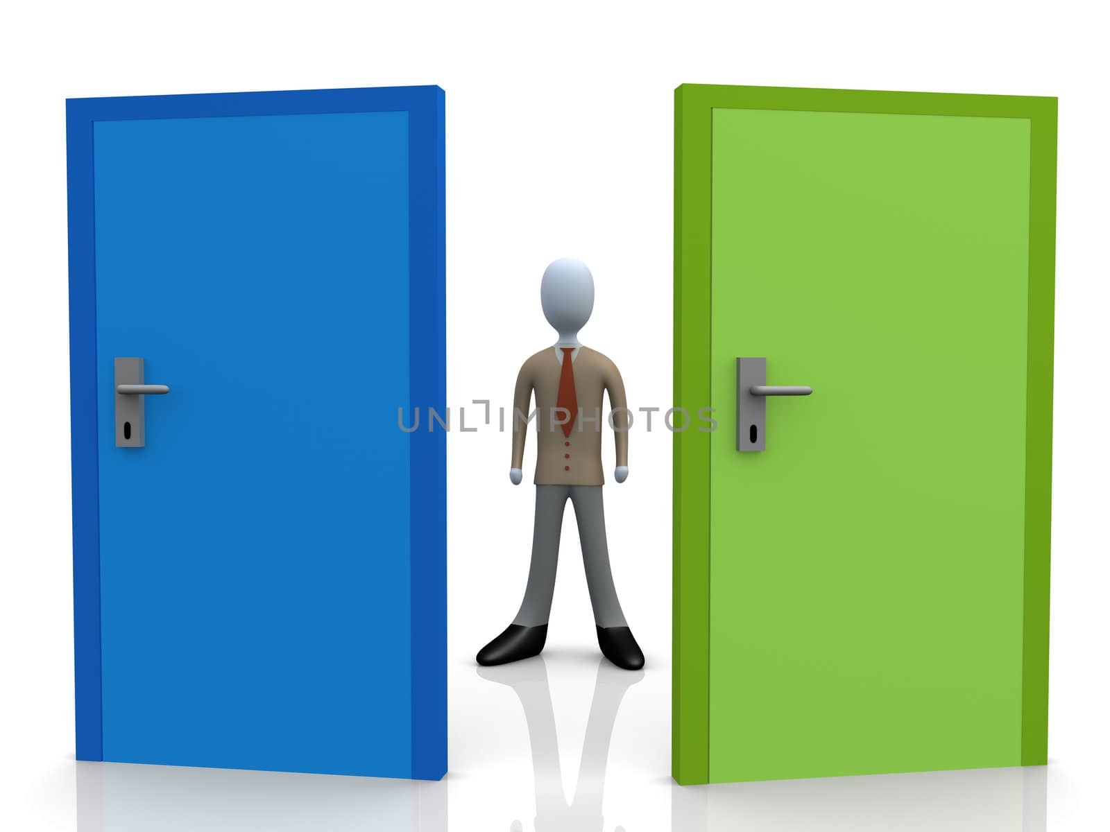 3d business person standing in front of two doors.