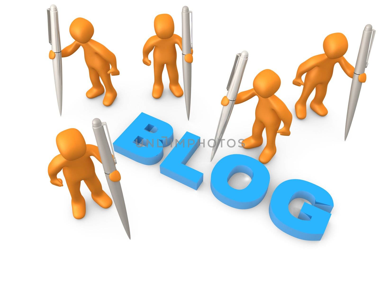 3d people holding large pens standing next to the word blog.