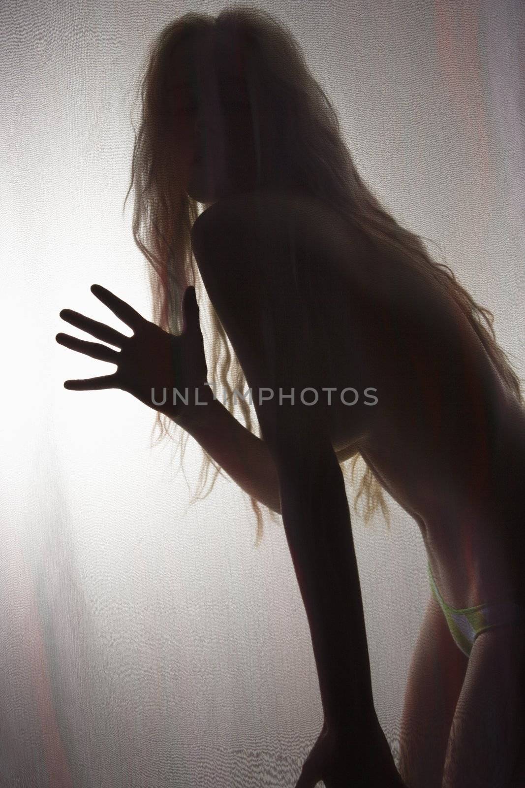 Nude Caucasian woman silhouetted behind sheer cloth waving.