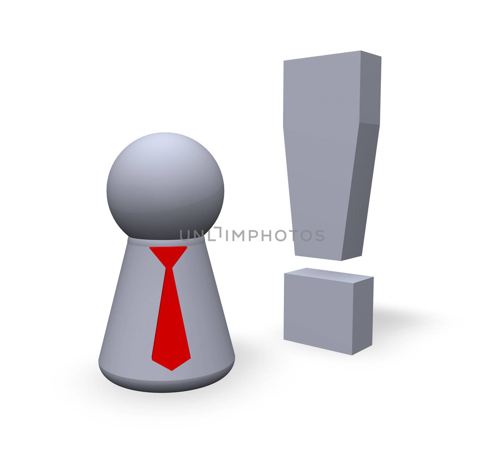 attention symbol in 3d and play figure with red tie
