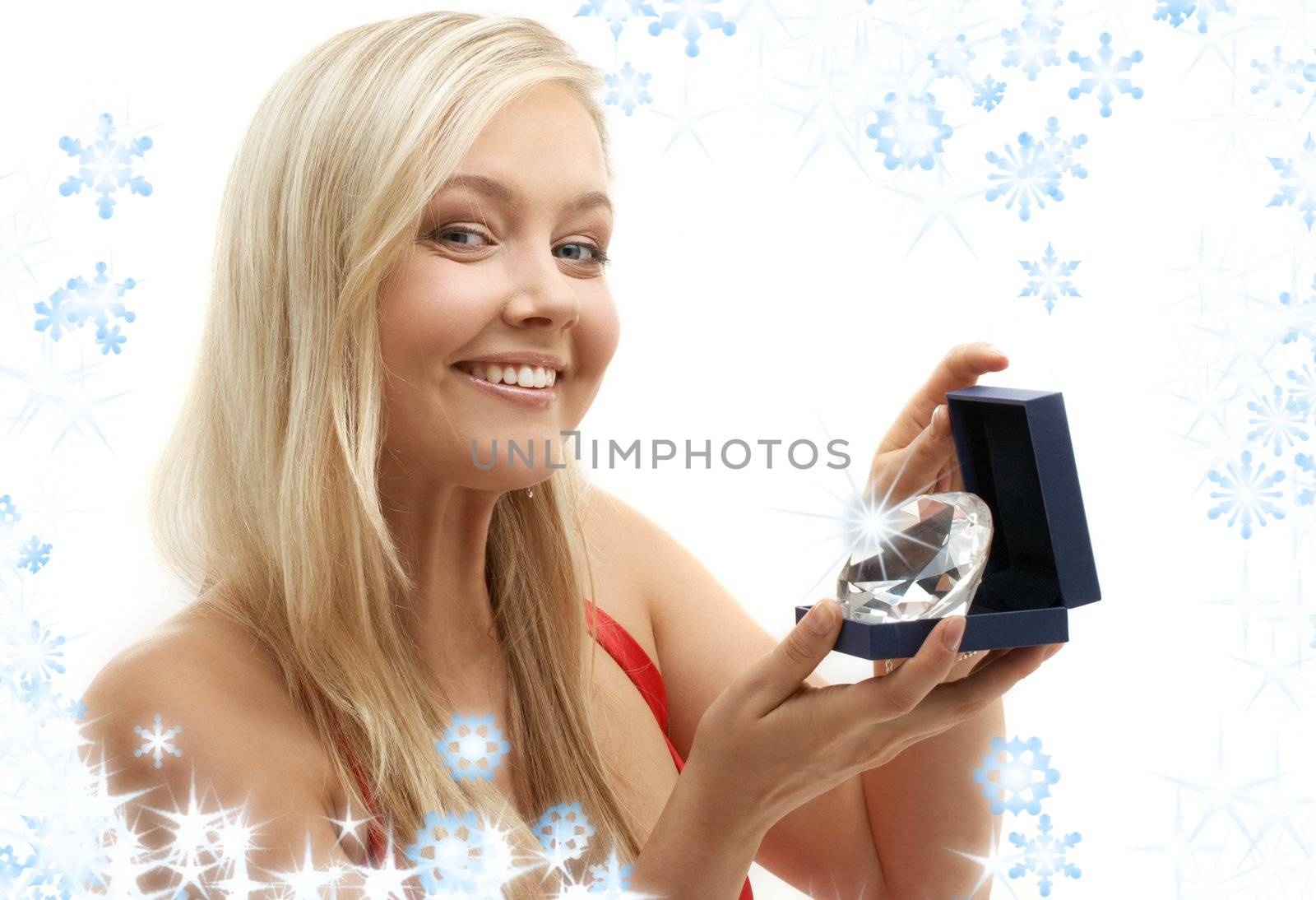 picture of lovely blond with big shining diamond and snowflakes