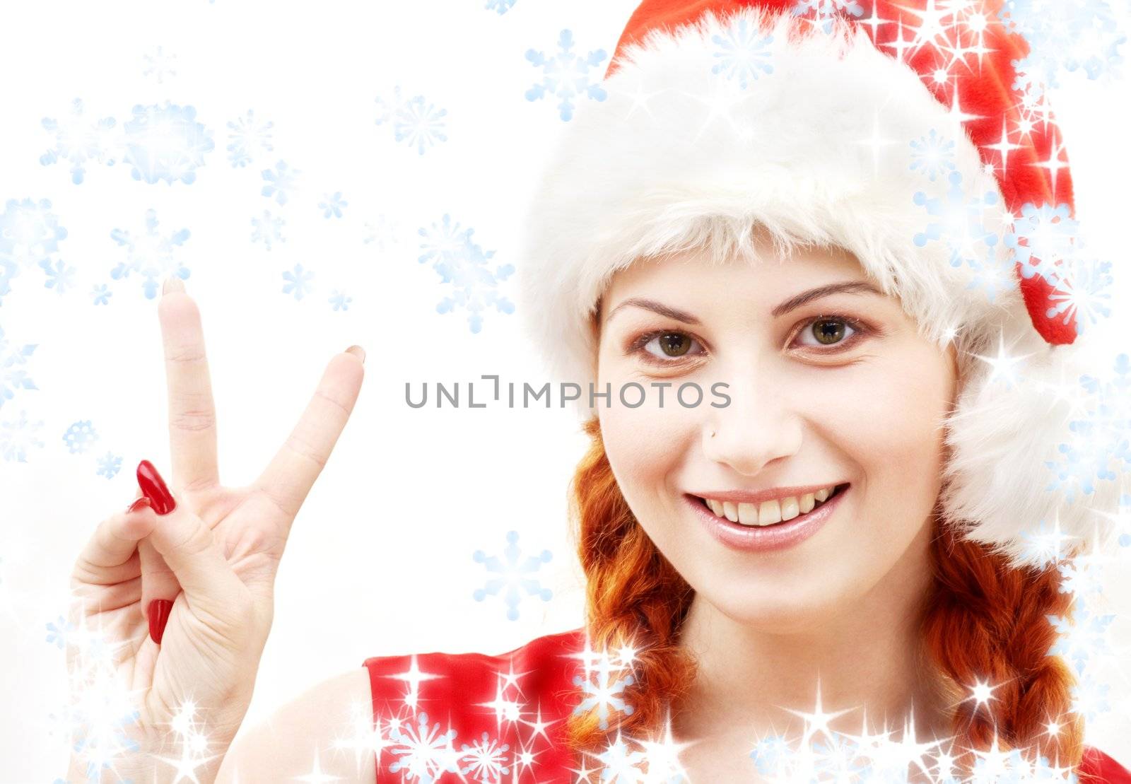 happy santa helper showing victory sign with snowflakes