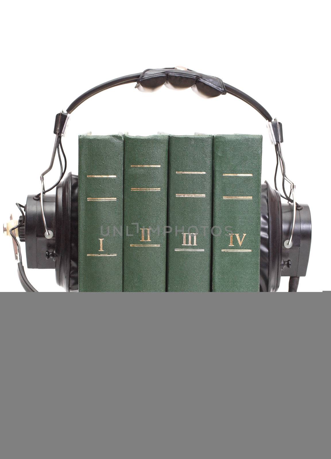 audiobook conception with headphones and books