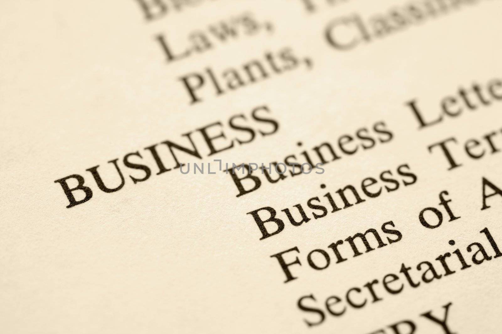 Page with the word business and categories of business forms.