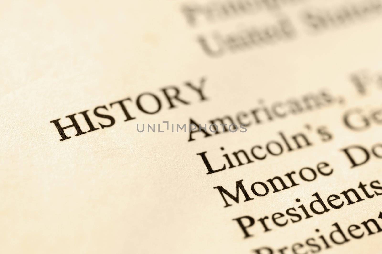 Selective focus of page with the word history and corresponding categories.