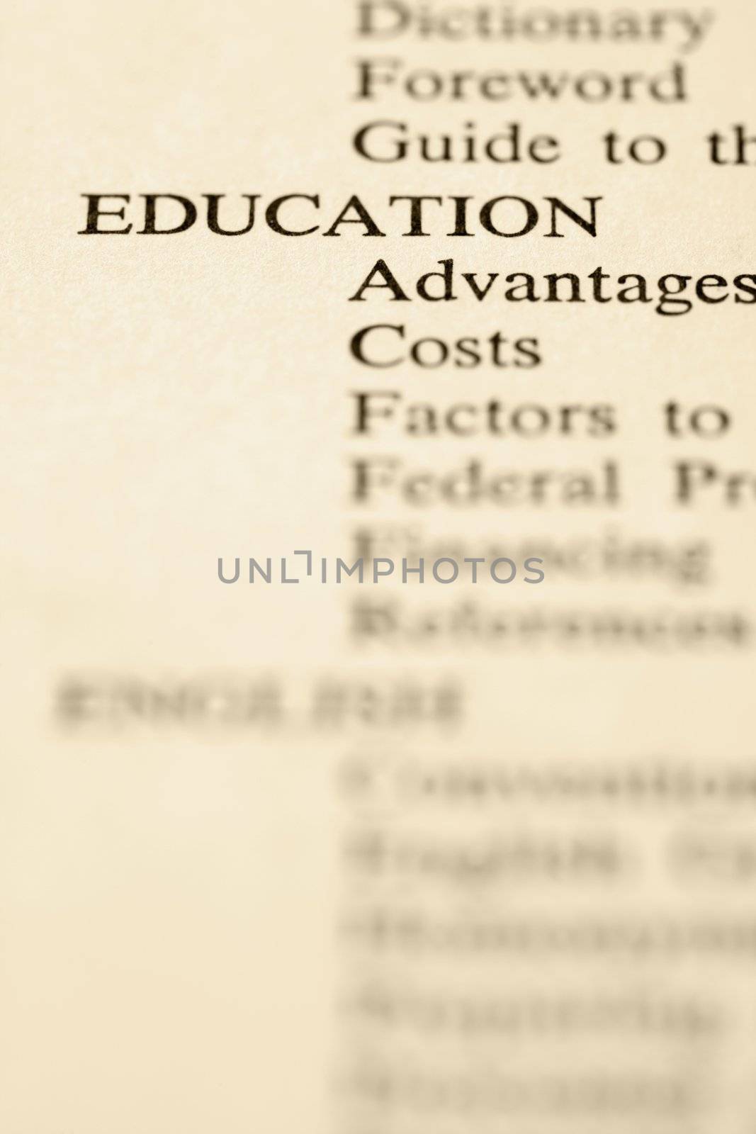 Selective focus of table of contents page relating to education.