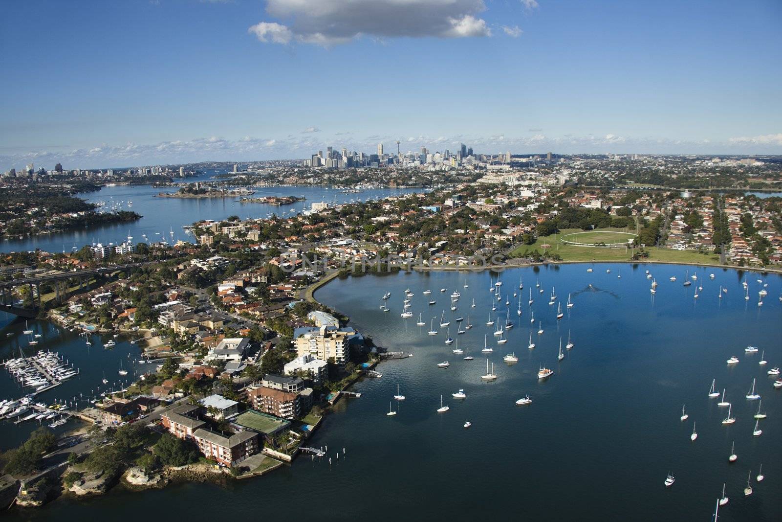 Aerial view of boats and buildings in Sydney, Australia from Five Dock Bay in Drummoyne.