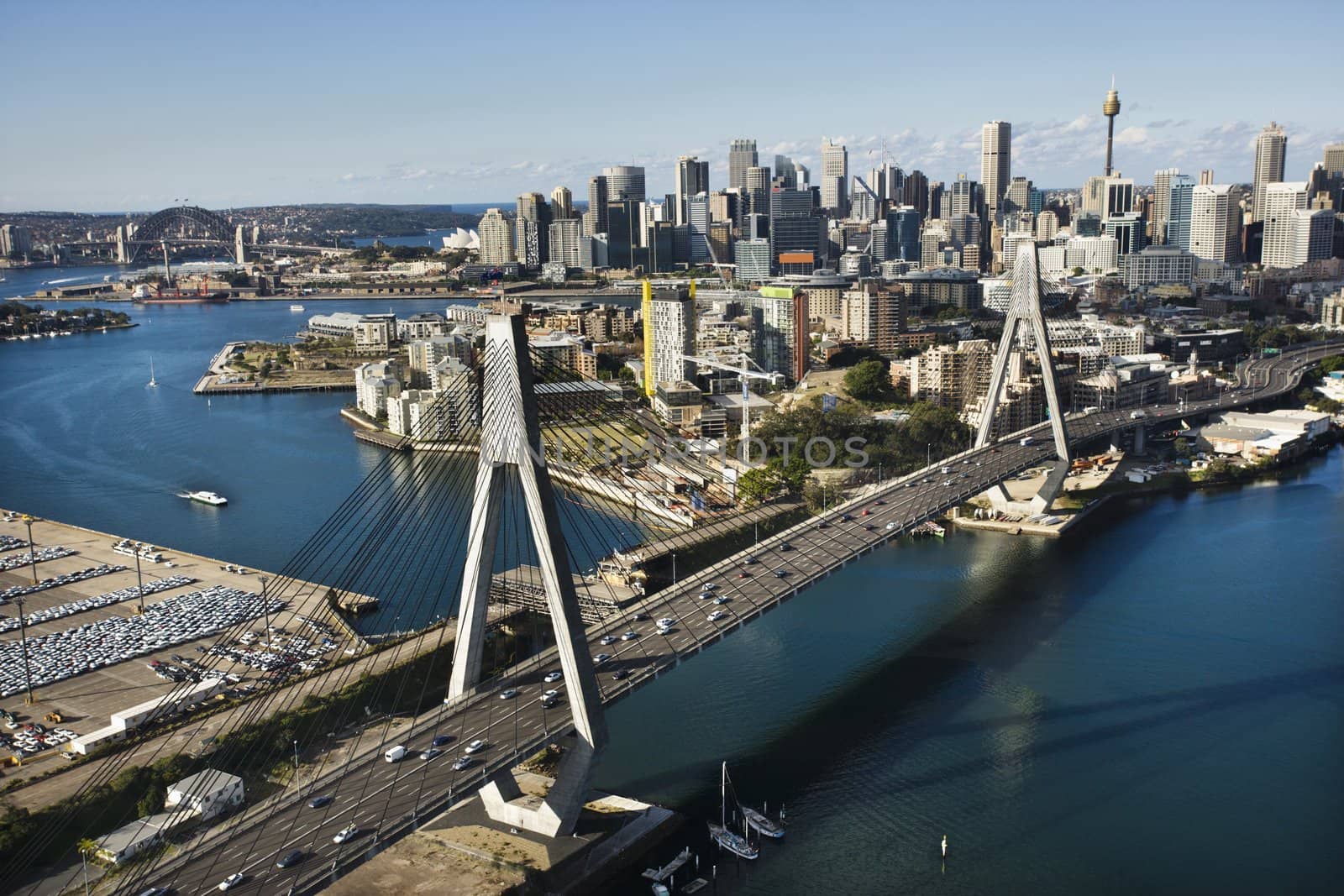 Aerial view of Anzac Bridge and buildings in Sydney, Australia.