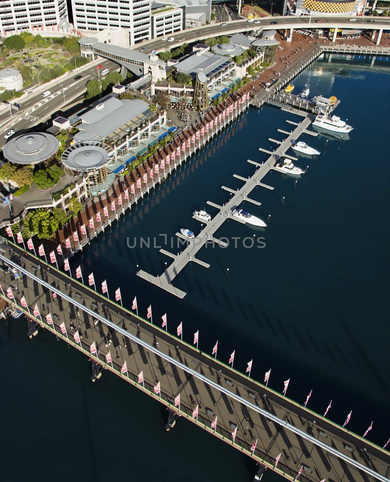 Aerial view of Pyrmont Bridge andboats in Darling Harbour, Sydney, Australia.