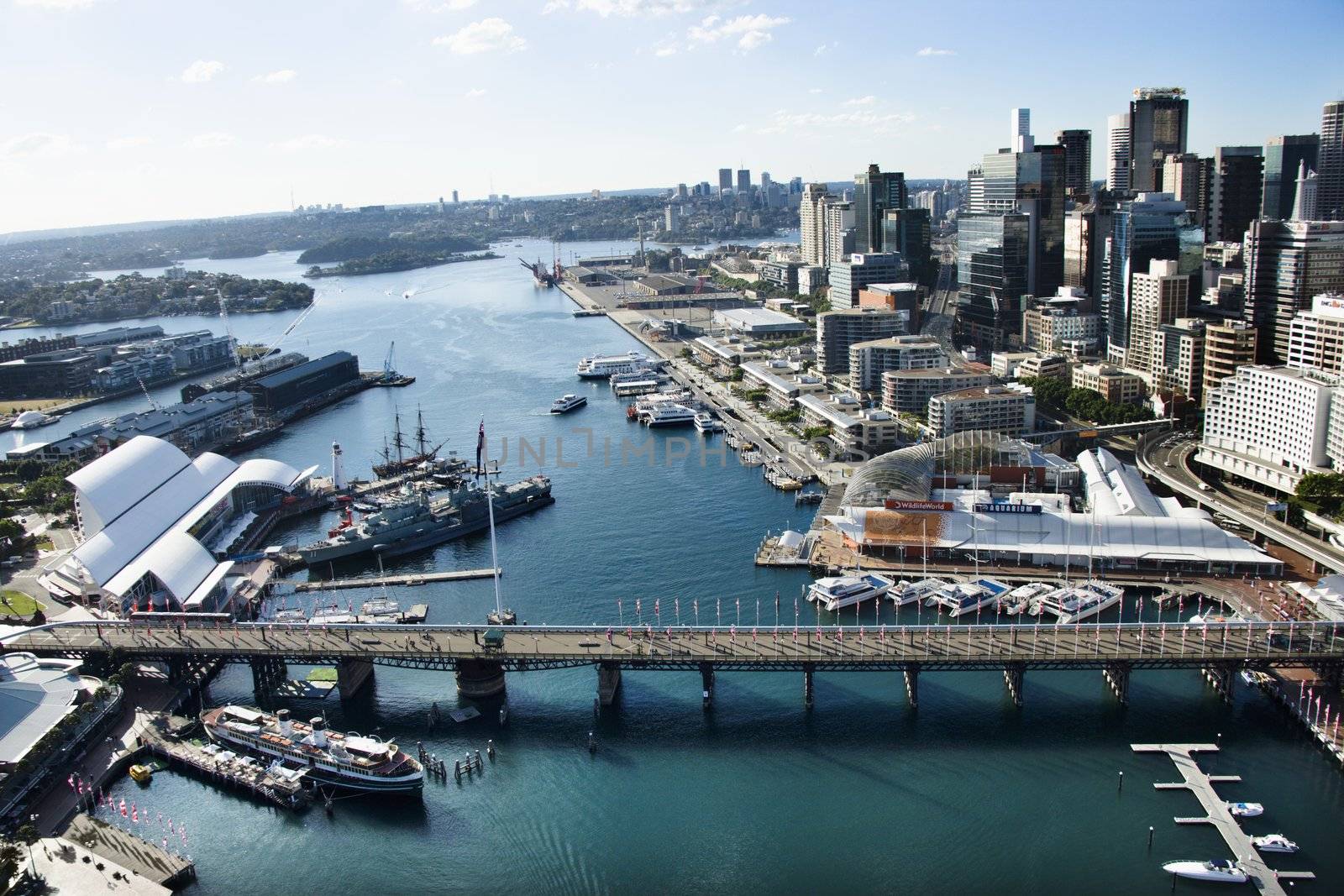 Aerial view of Darling Harbour in Sydney, Australia.