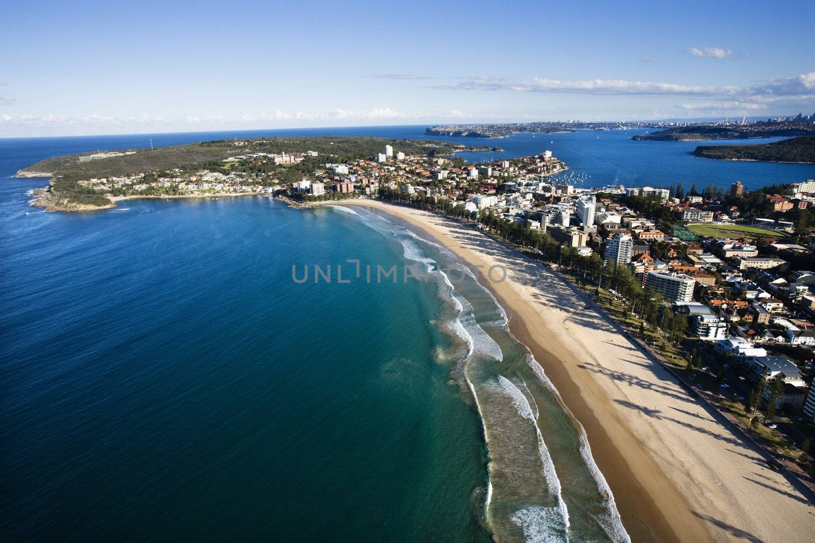 Aerial view of beachfront buildings and ocean in Sydney, Australia.