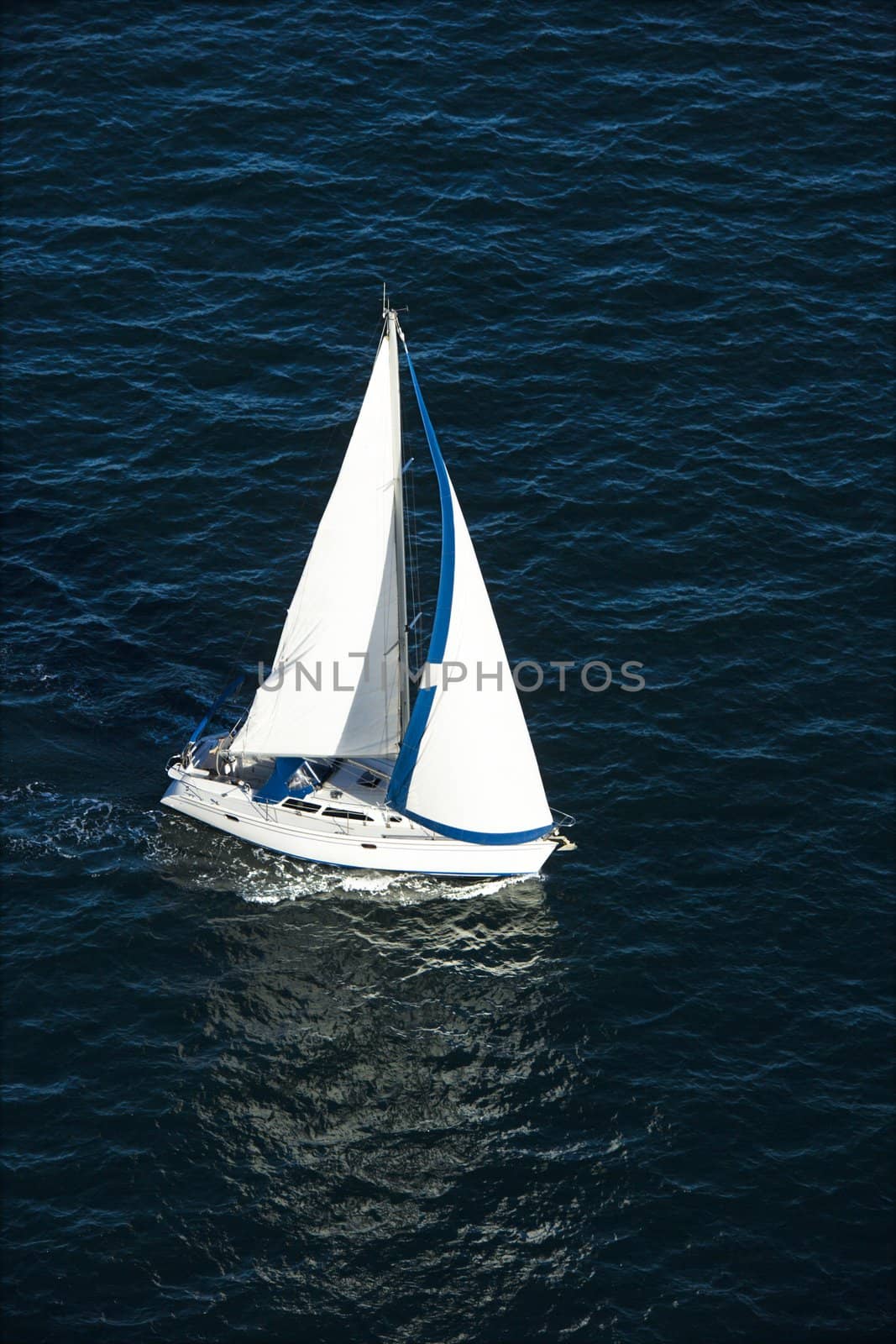 Aerial view of sailboat at sea in Sydney, Australia.