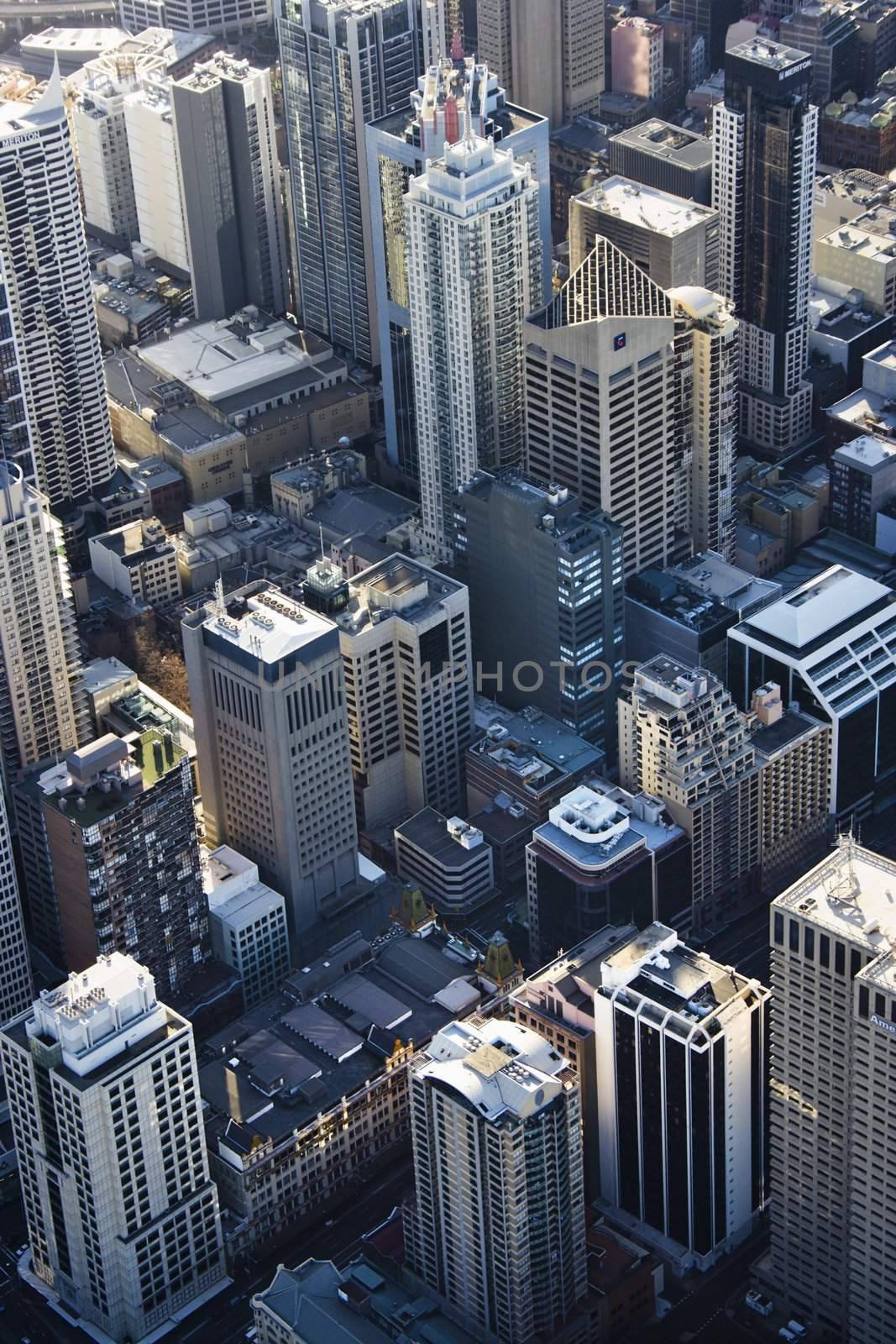 Aerial view of downtown skyscrapers in Sydney, Australia.