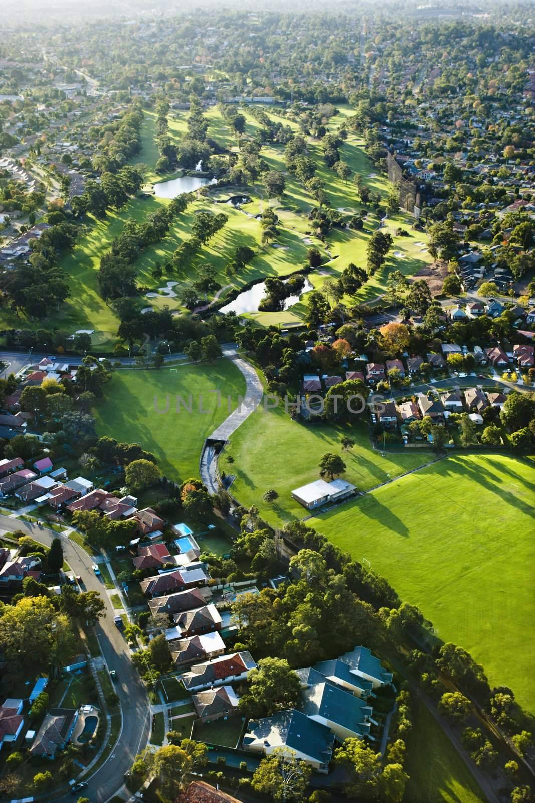 Aerial view of Ryde Parramatta Golf Course and buildings in West Ryde, Australia.
