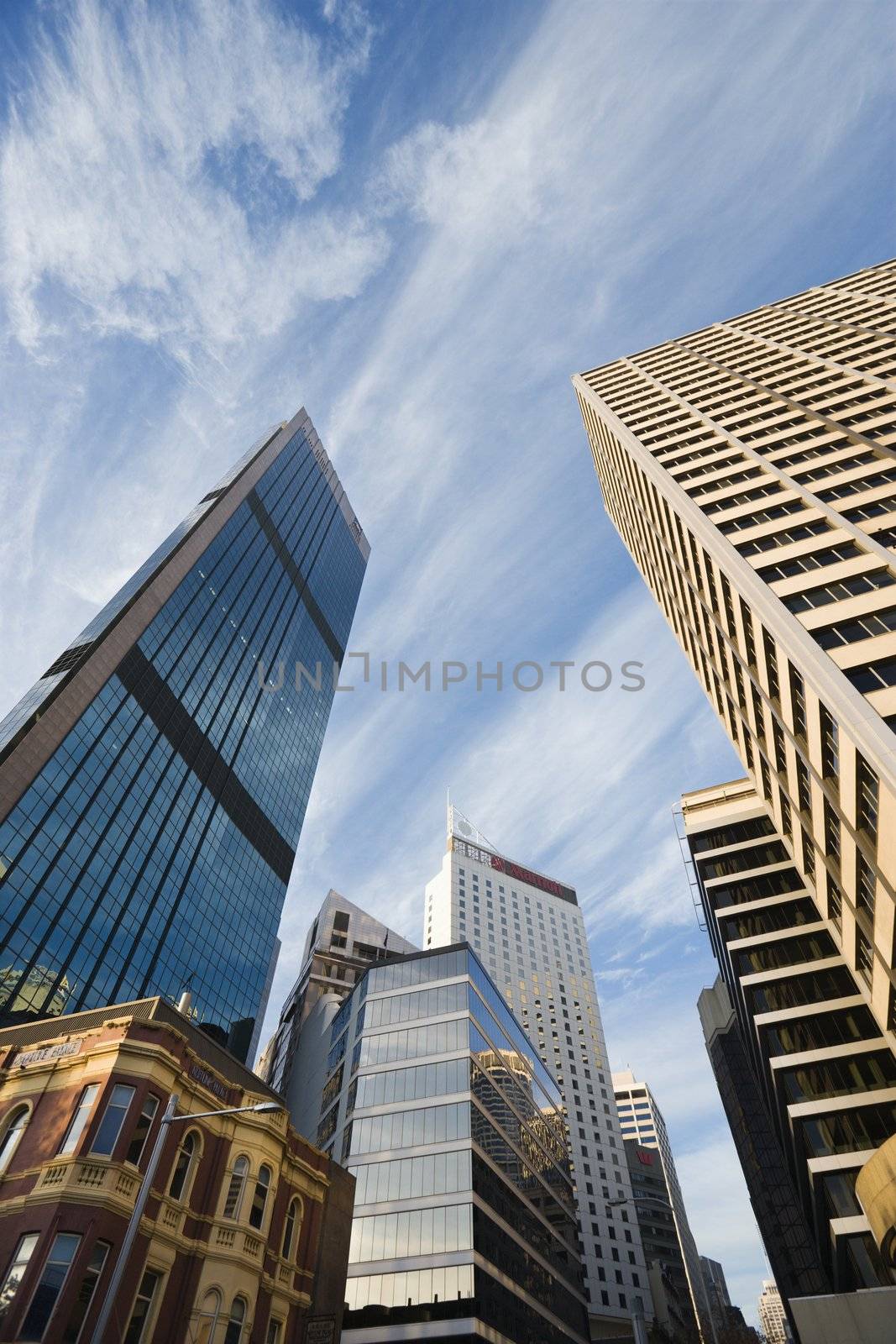 Low angle view of skyscrapers and buildings in downtown Sydney, Australia.