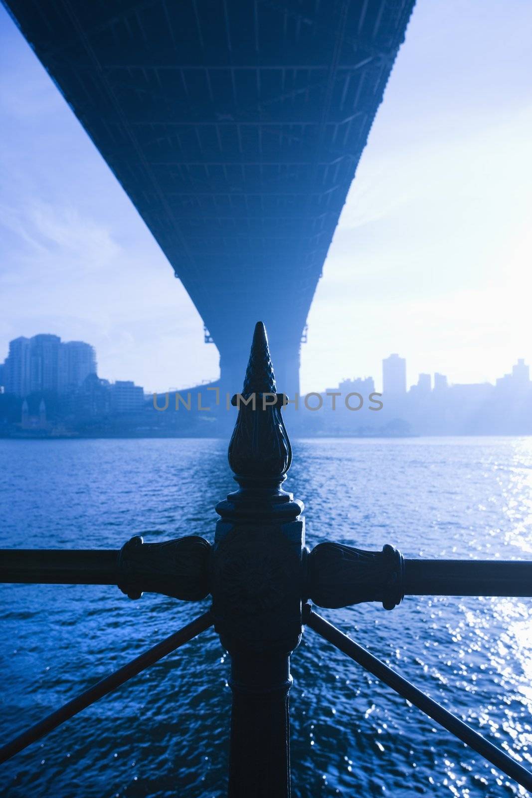 View from underneath Sydney Harbour Bridge in Australia at dusk with harbor and city skyline visible.