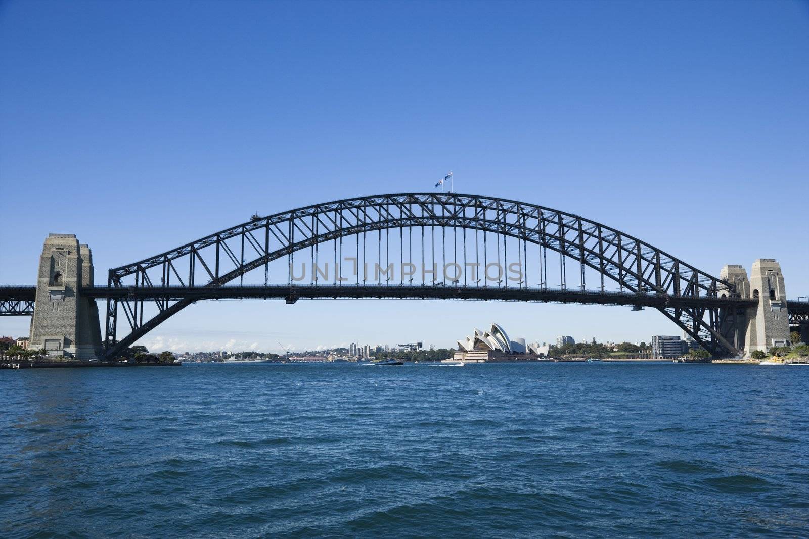 Sydney Harbour Bridge with view of Sydney Opera House in Australia.