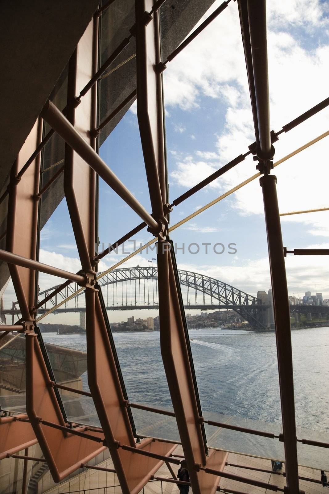 View from inside looking through windows to Sydney Harbour Bridge in Australia.