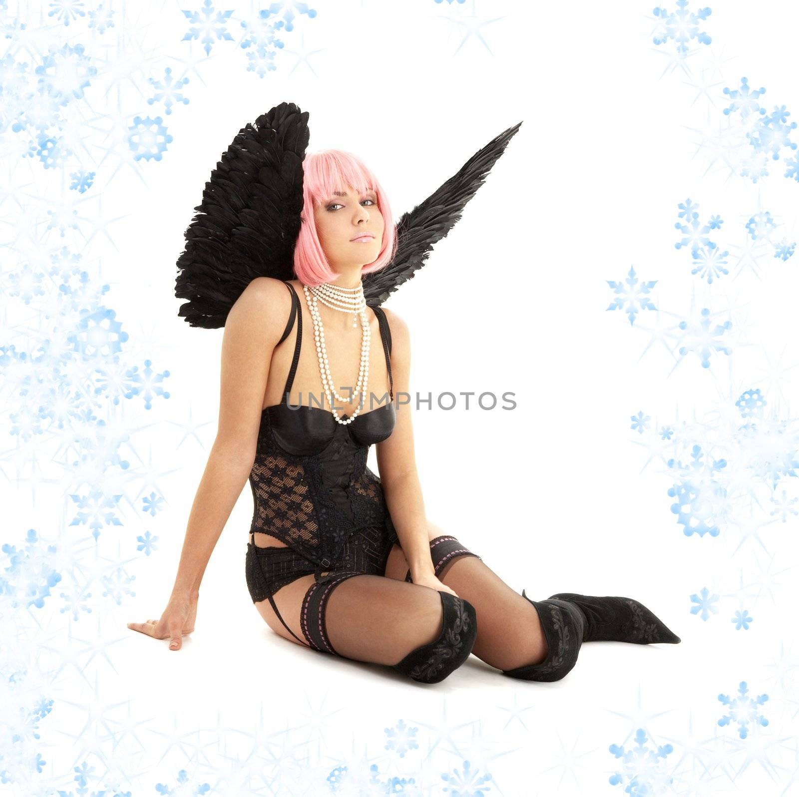 black lingerie angel with pink hair and snowflakes by dolgachov