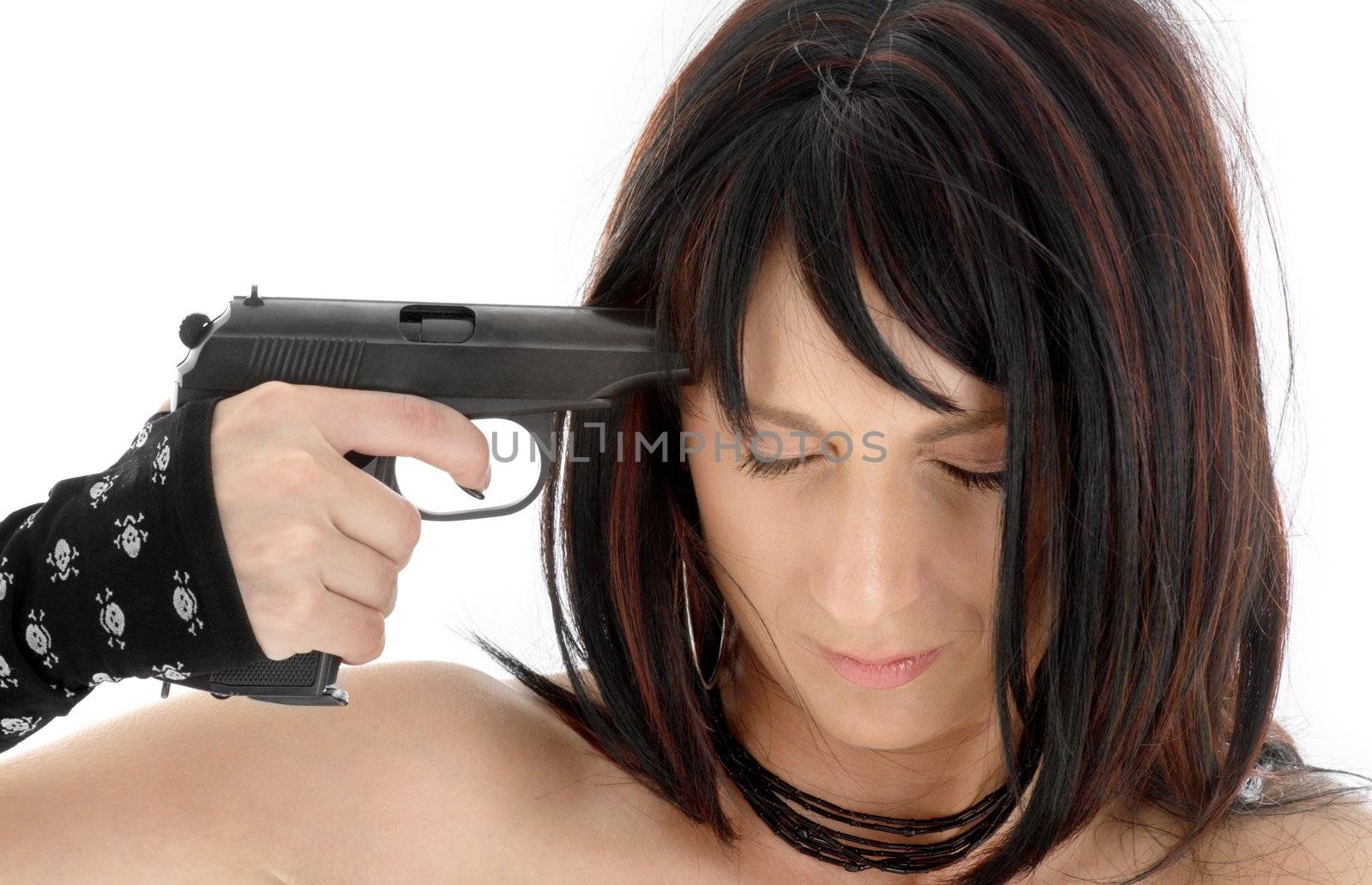 brunette girl pointing gun at her head