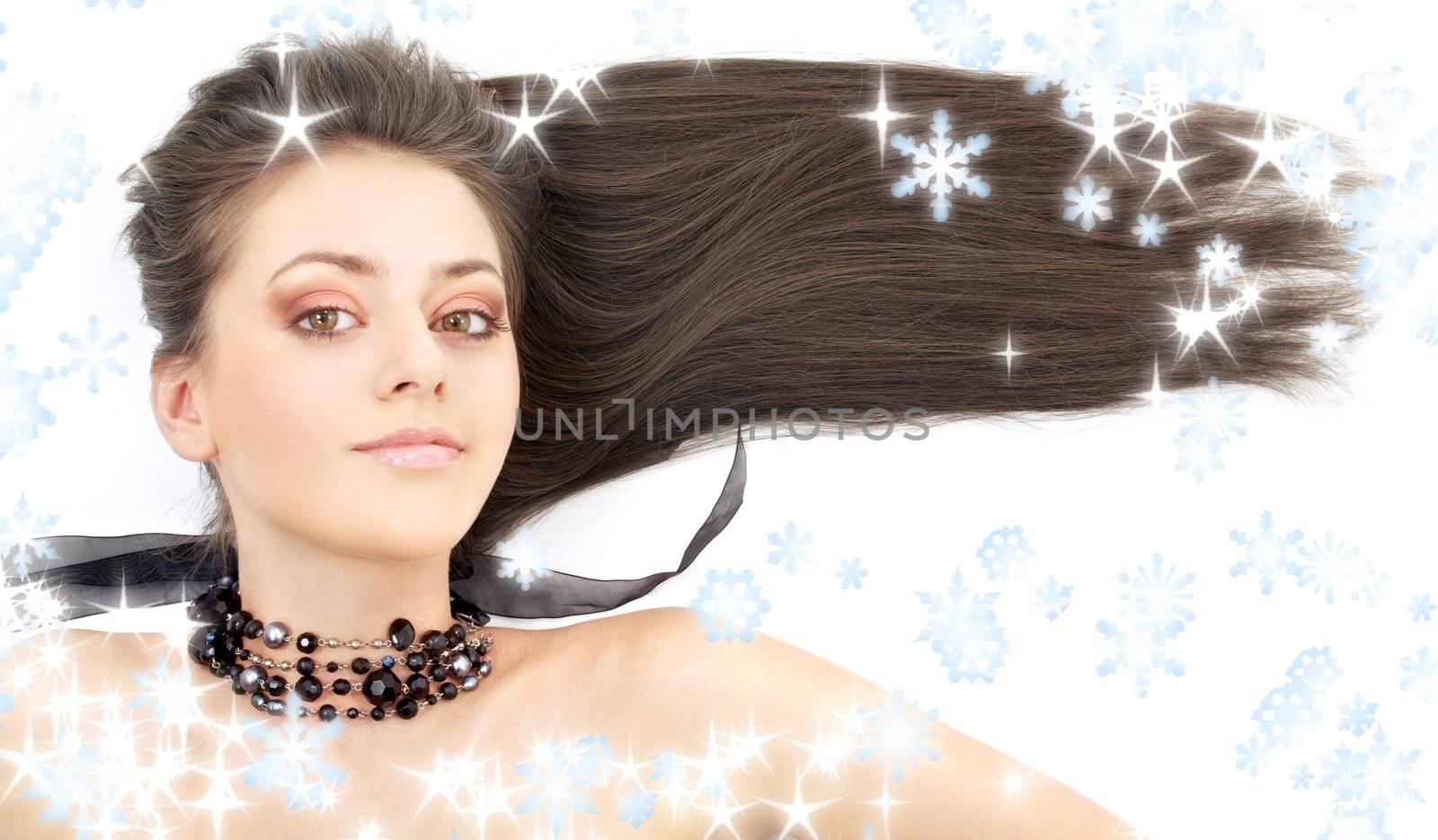 lovely brunette in black collar with snowflakes by dolgachov