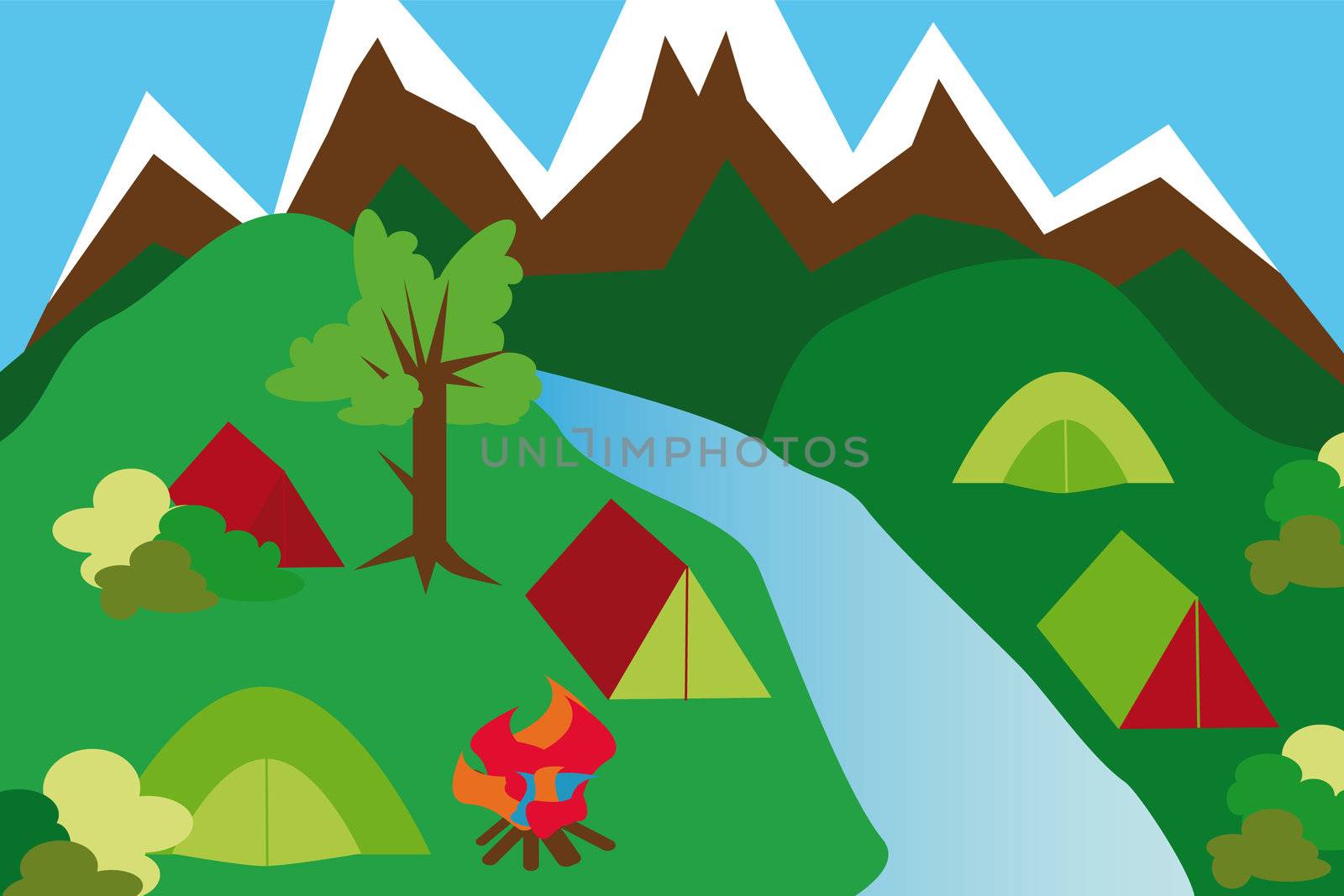 camping site in a mountain landscape with tents and river and campfire