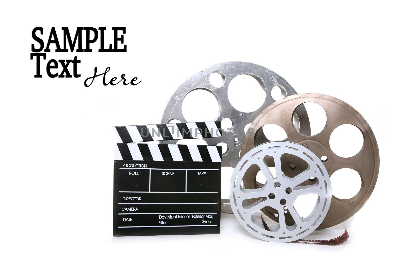 Movie Production Film Canisters With Directors Clapboard on White Background and Copy Space