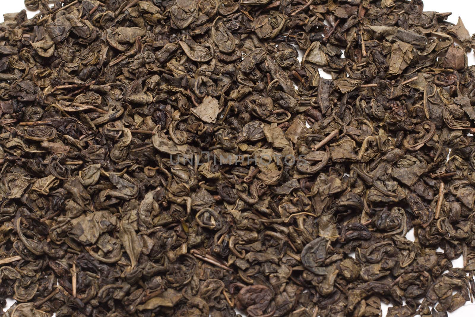Green tea, dry, sheet insulated on white background