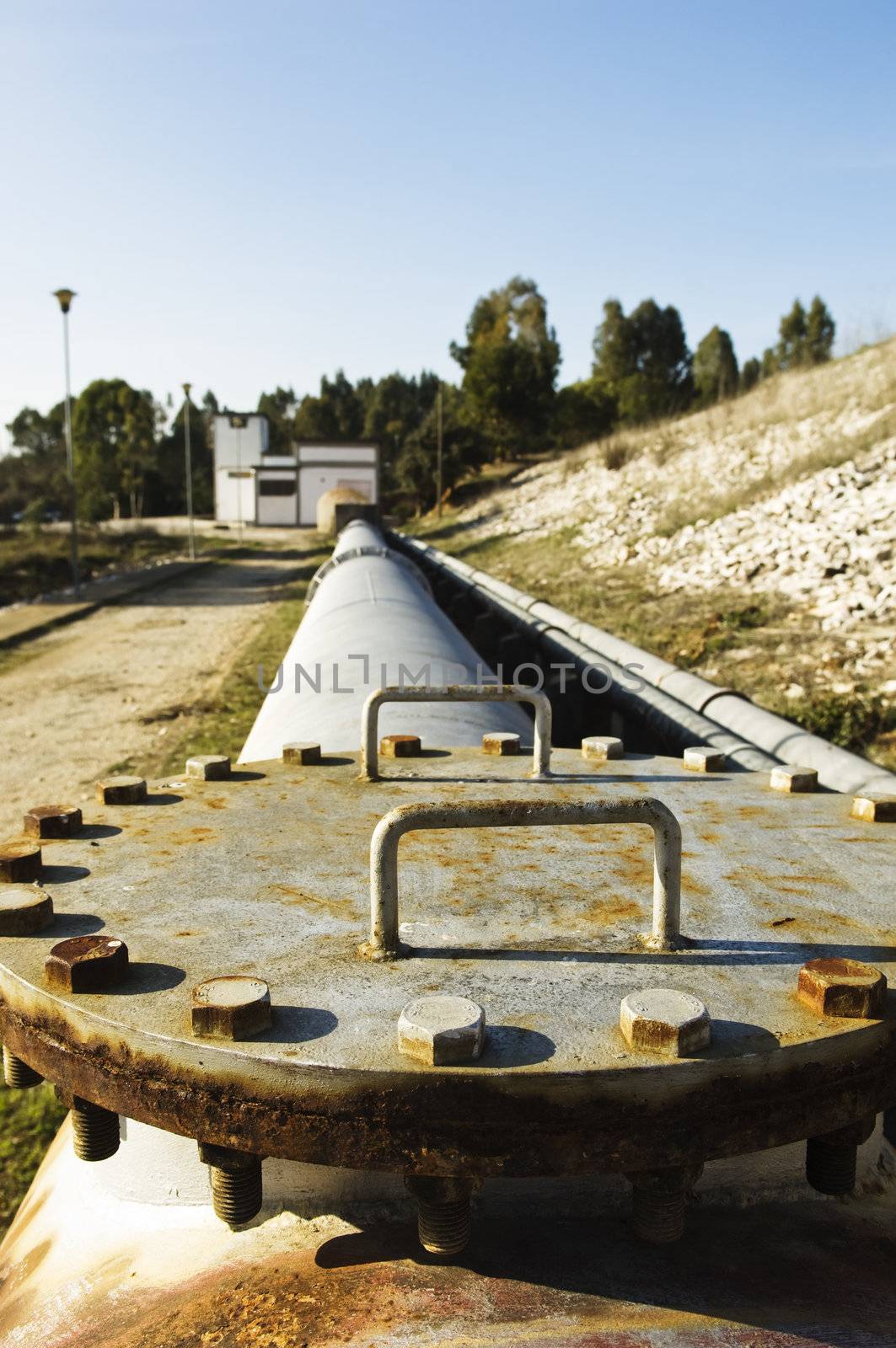 Water lift station and pipework near a dam 