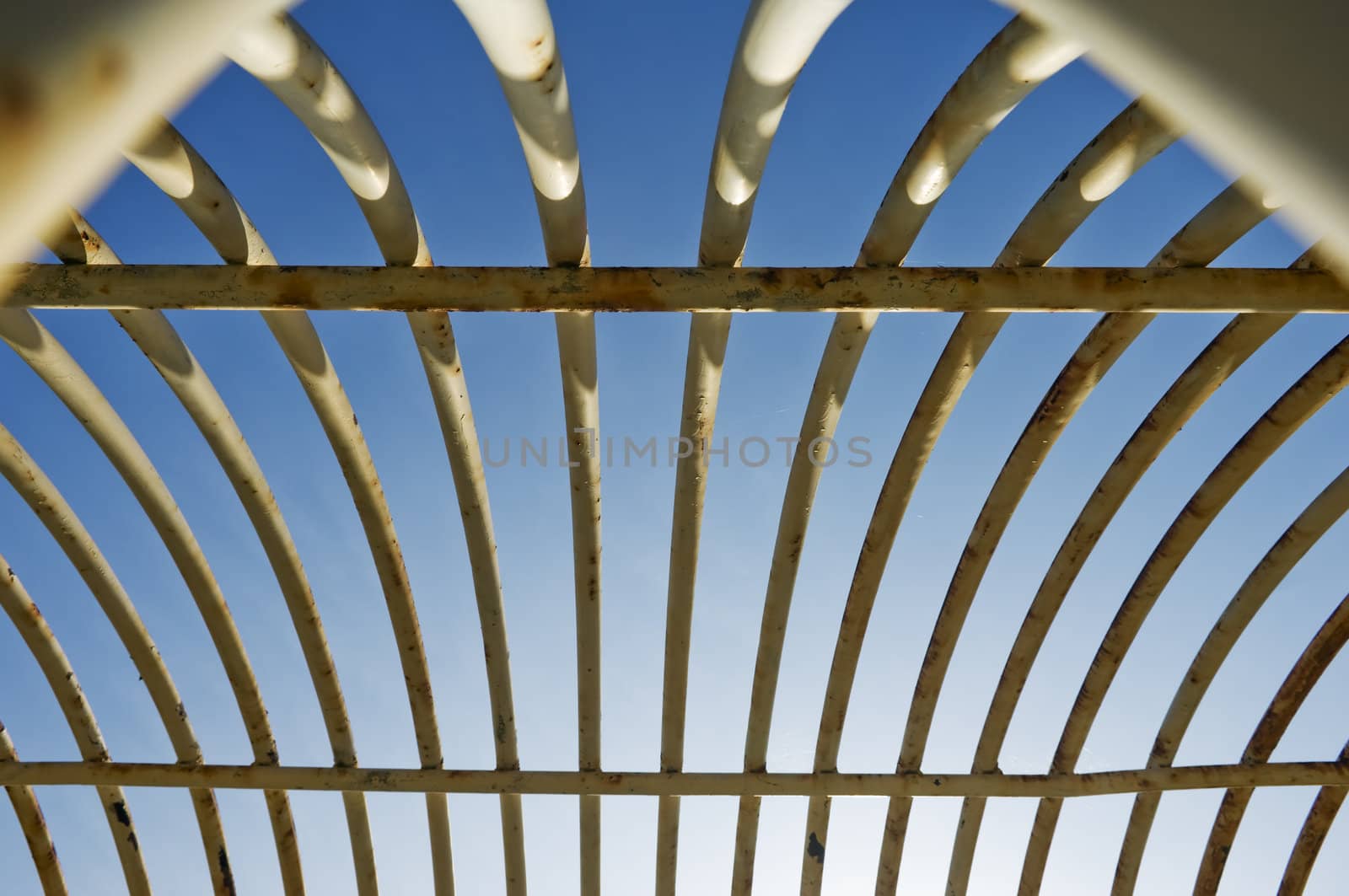 Detail of a rusty arched cage painted in white against the sky