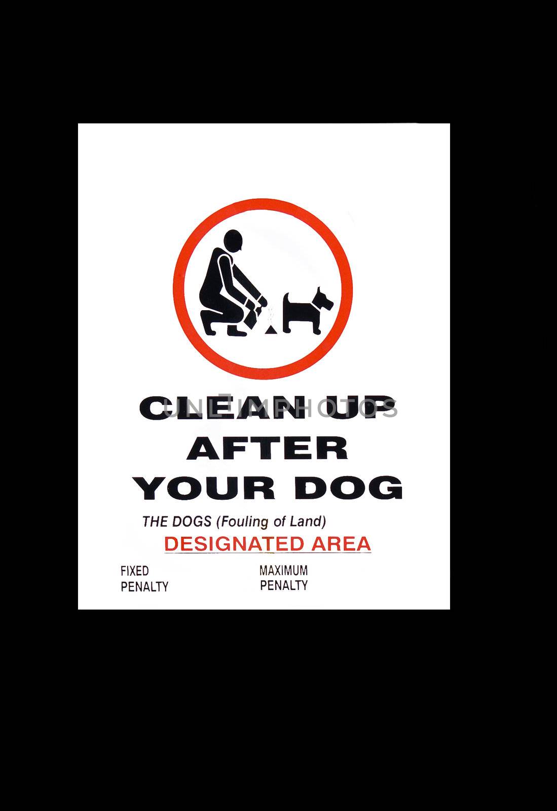 an isolated on black dog fouling sign with the fixed and maximum penalty amounts removed. 