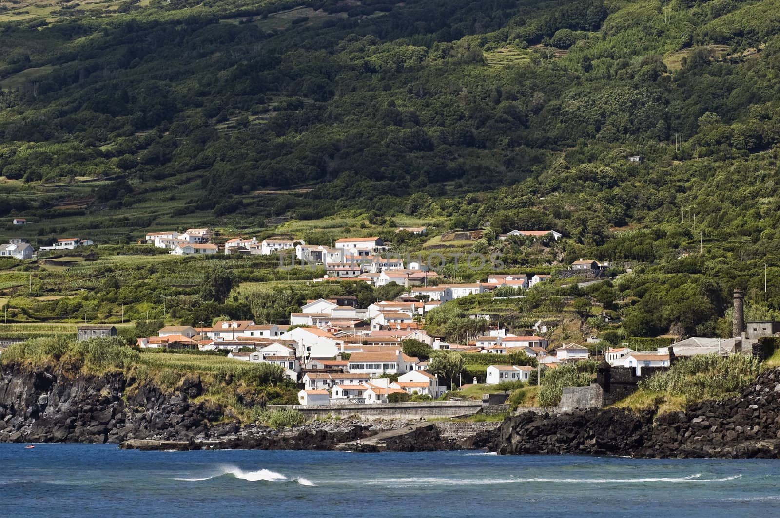 View from the sea of the small village of Ribeira do Meio in Pico island Azores, Portugal
