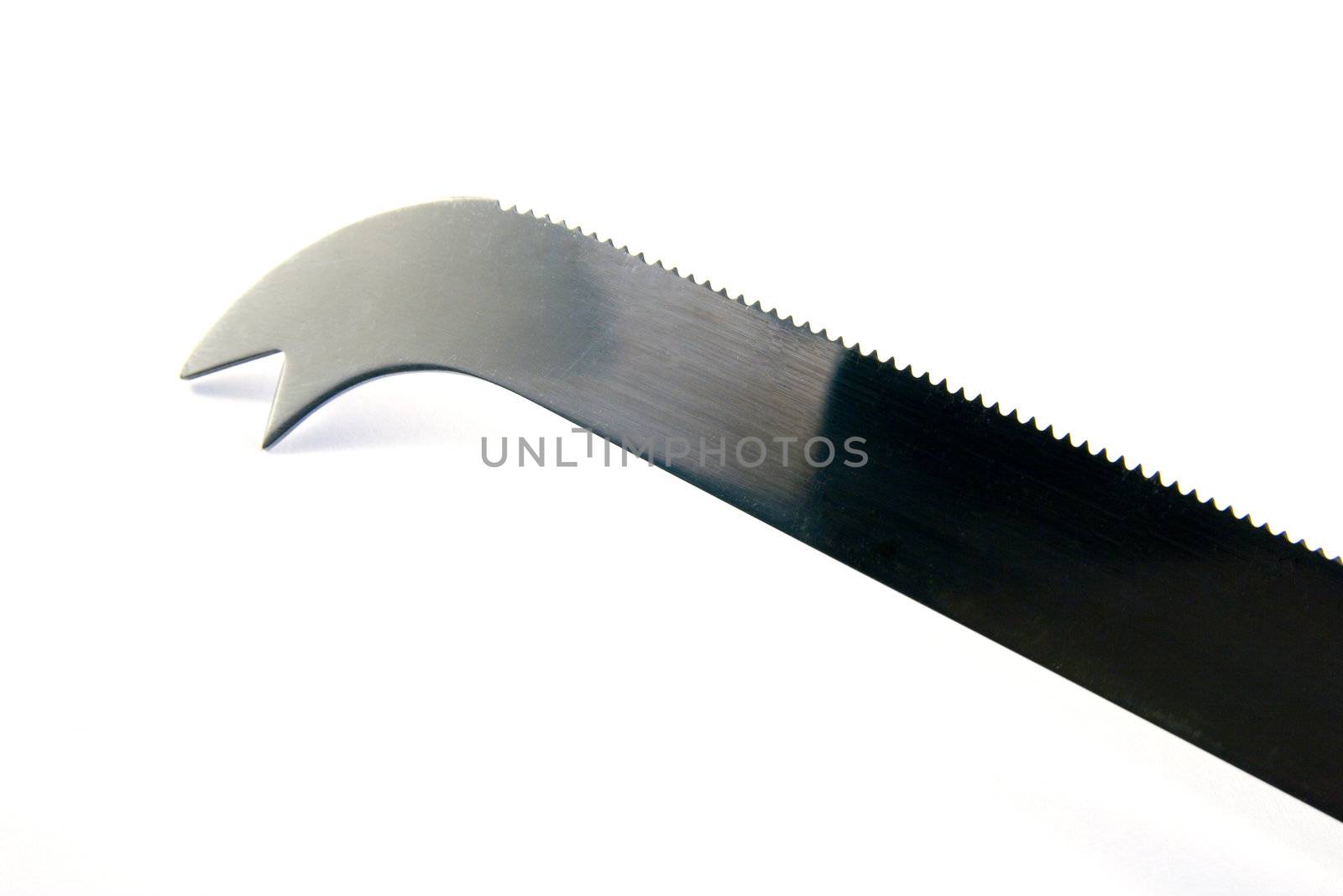 Chrome cheese knife with serrated edge on a white background