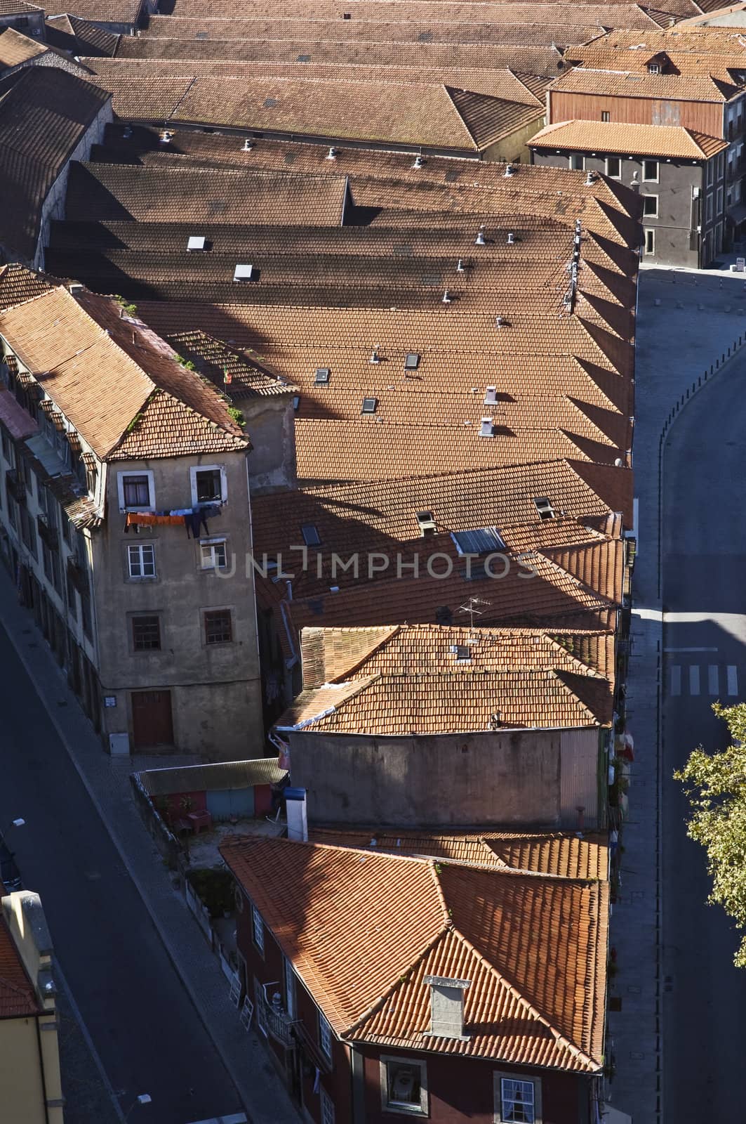 Birds-eye view of port wine warehouse rooftops in Gaia, Portugal
