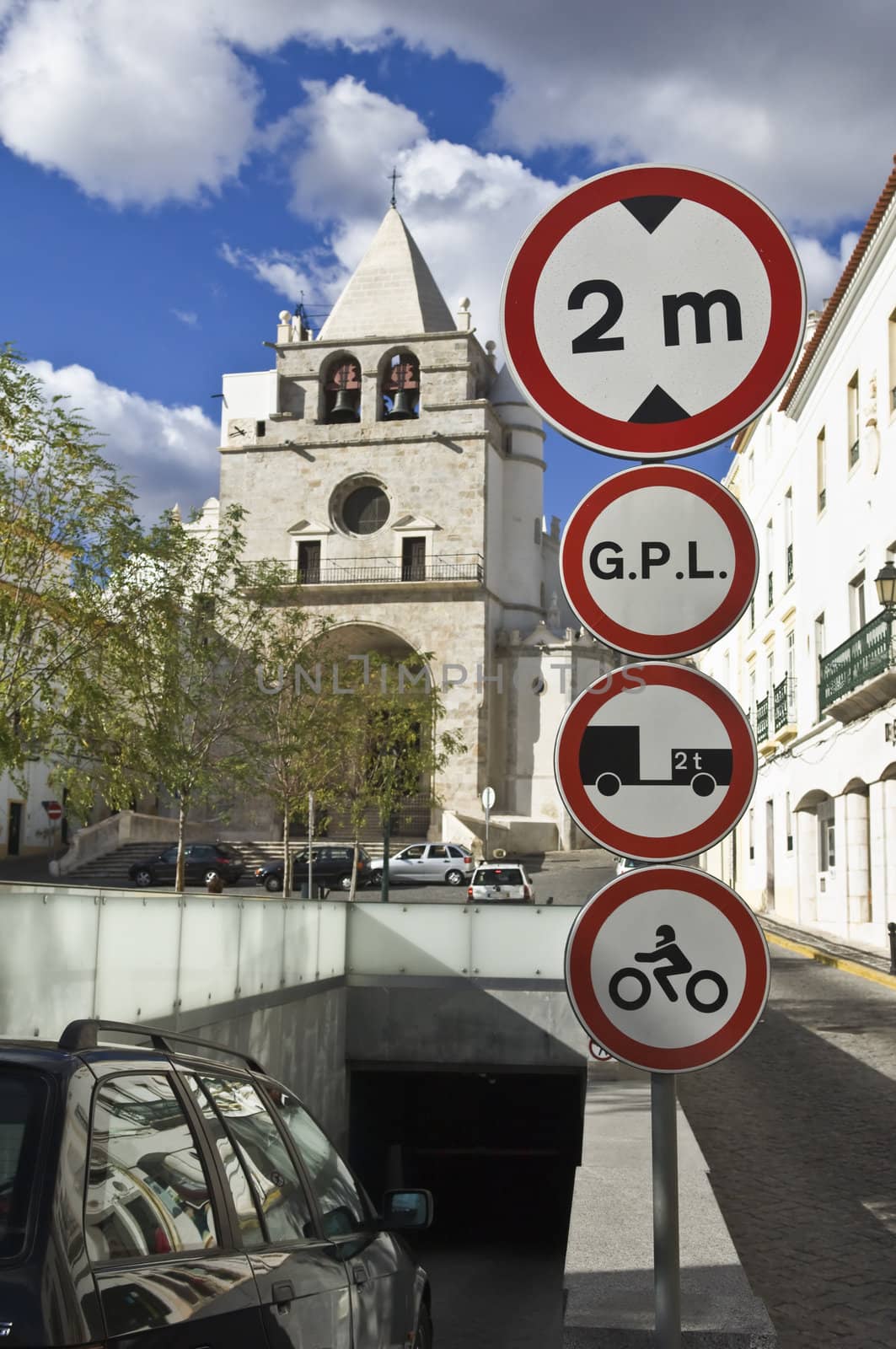 Underground parking entrance in an historic village
