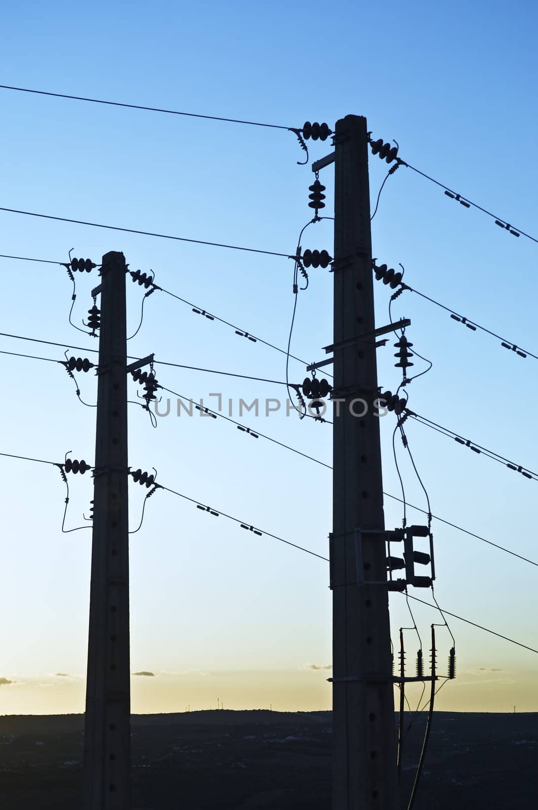 Two concrete electric poles against the afternoon sky
