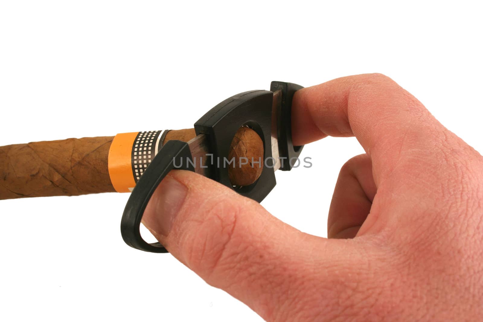 A Hand cutting a cigar on white background