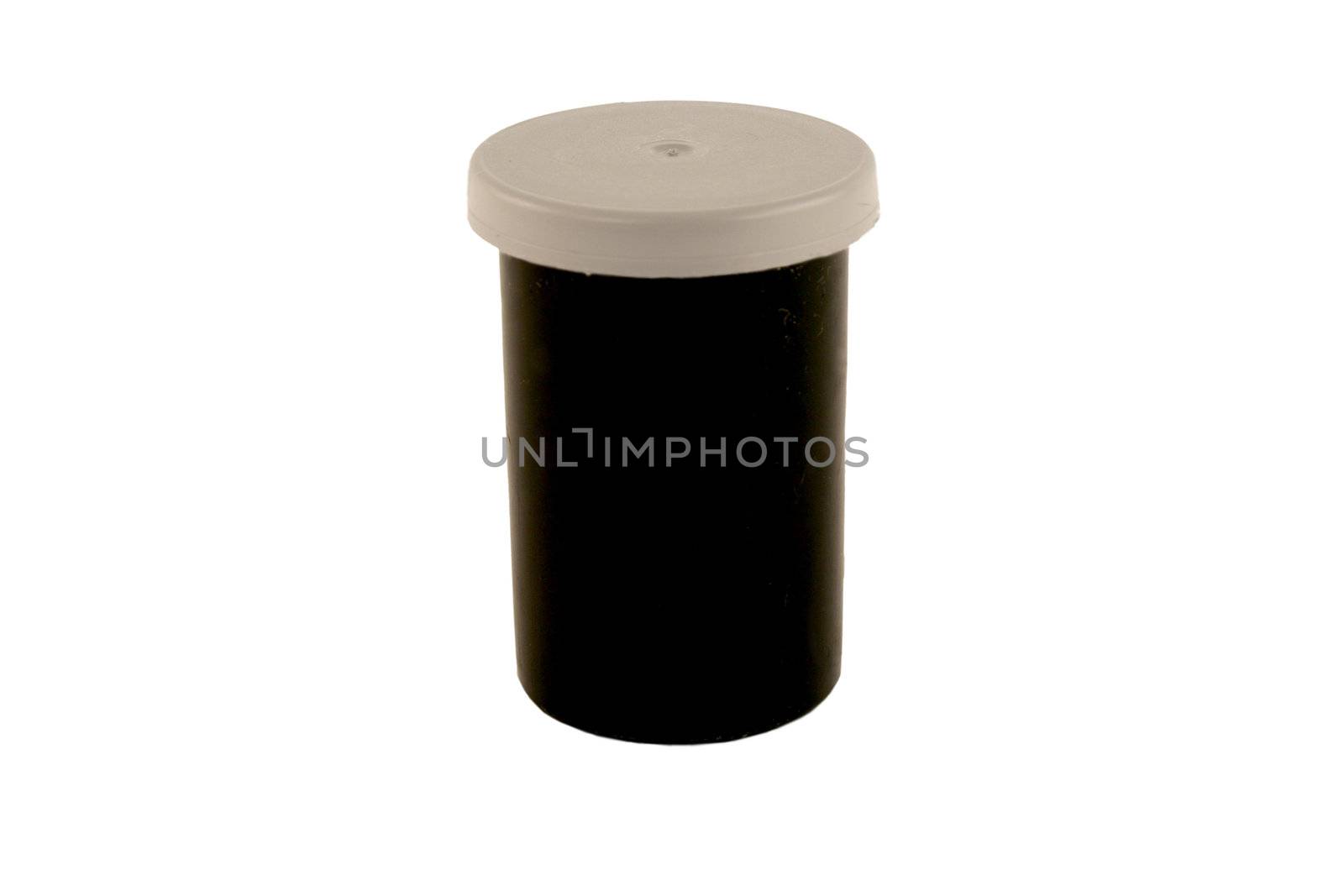 A Black film canister with a grey lid
