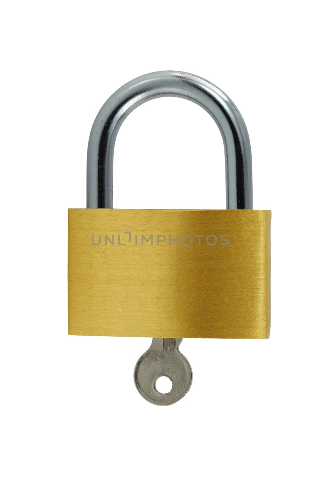 A Isolated Brass lock and key on white