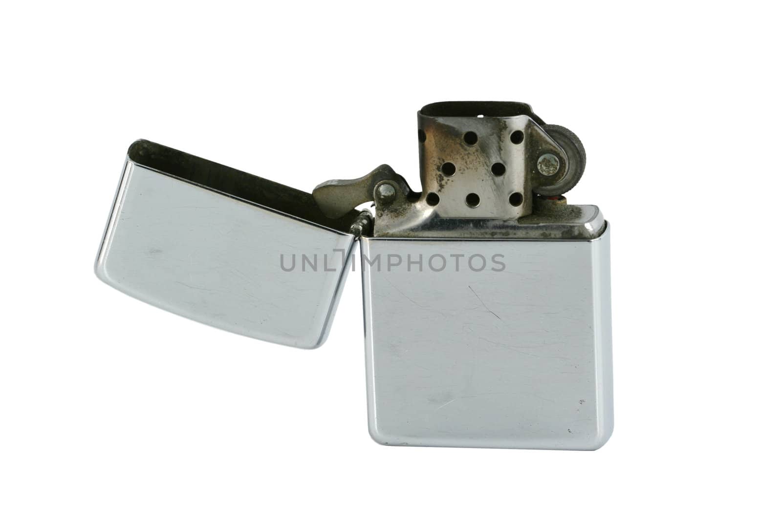 A Isolated open ciggarette metal lighter on white