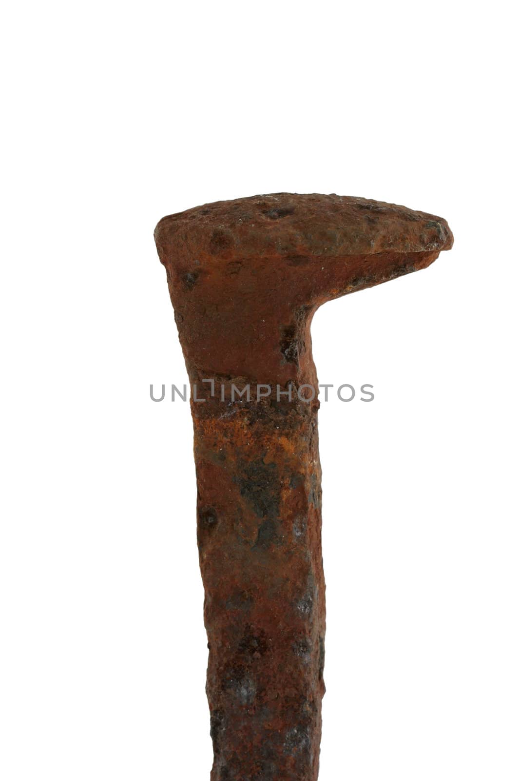 A Isolated rusty railroad spike on white