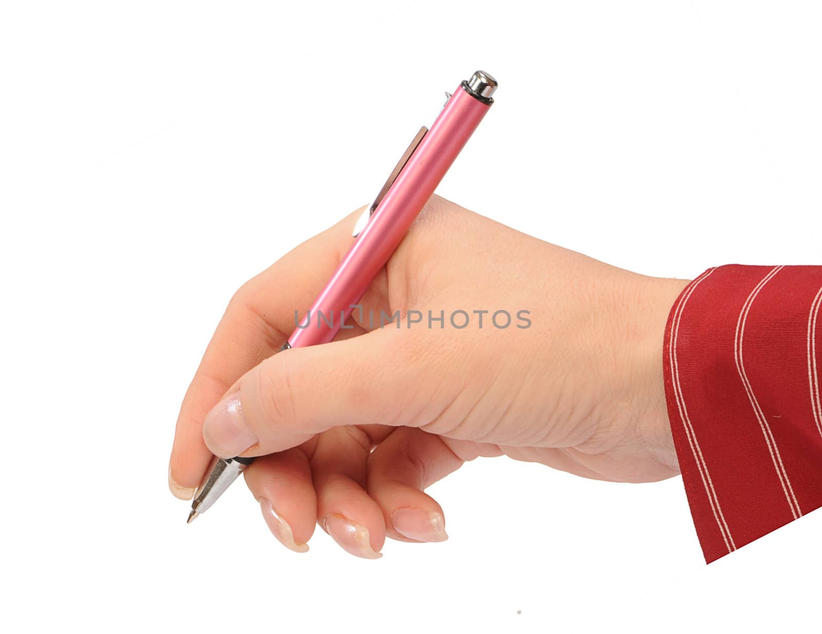 Pen in hand isolated on white
