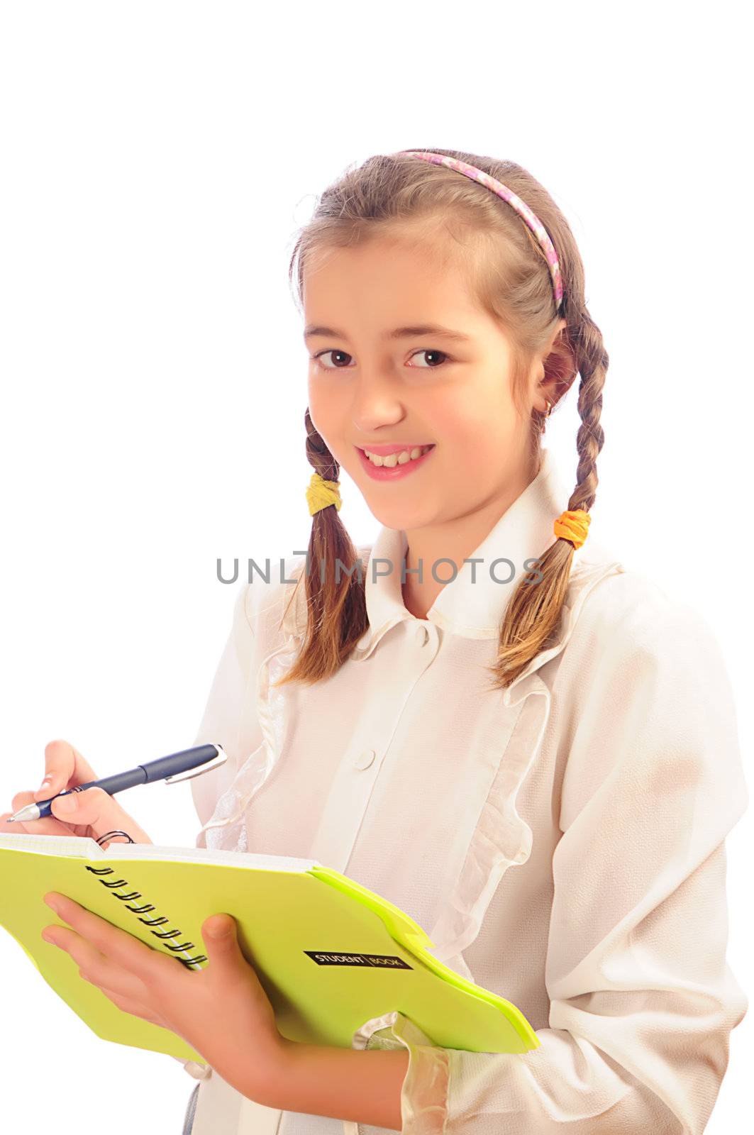 schoolgirl with copybook and pen 