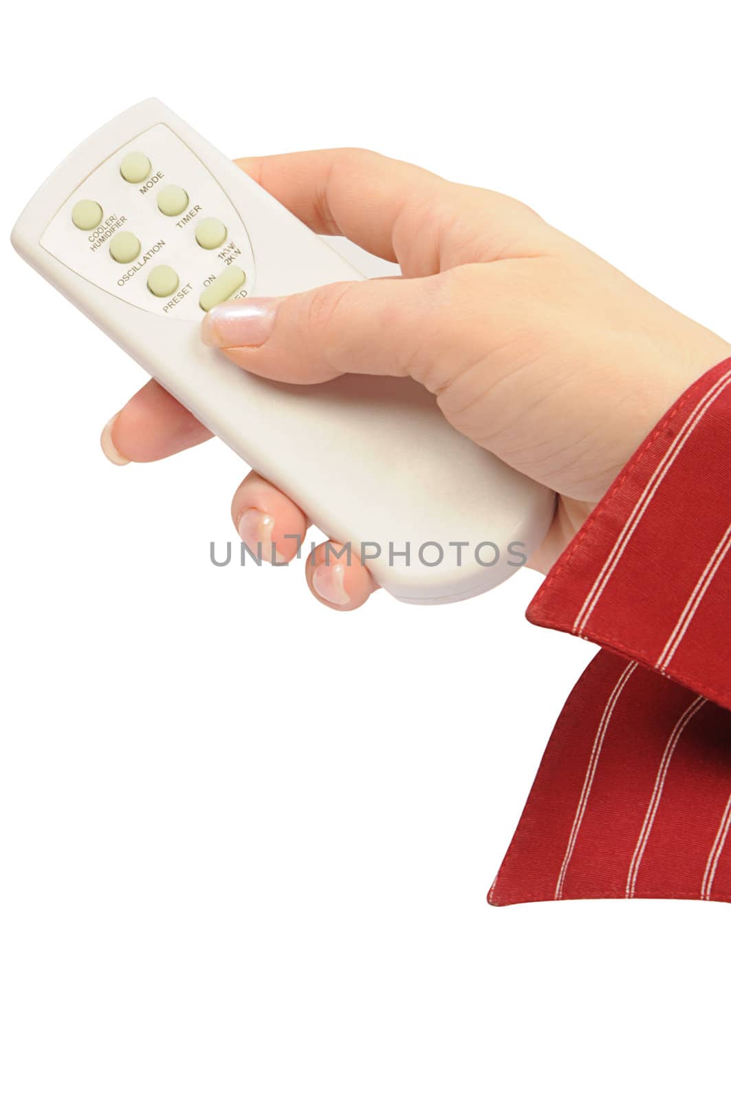 womanish hand holds remote control unit