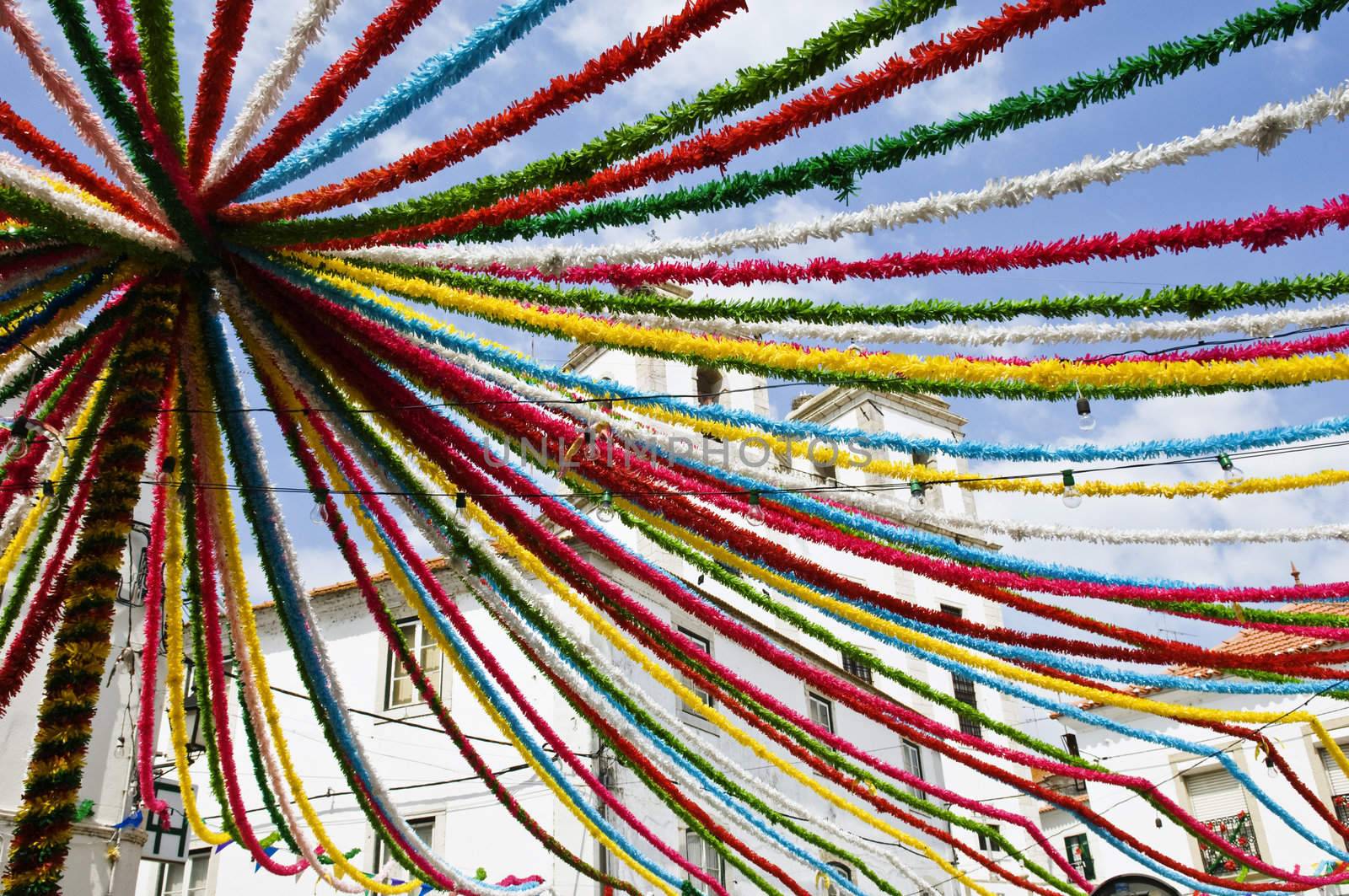 Decorated street during summer popular festivities in Alcacer do Sal, Alentejo, Portugal
